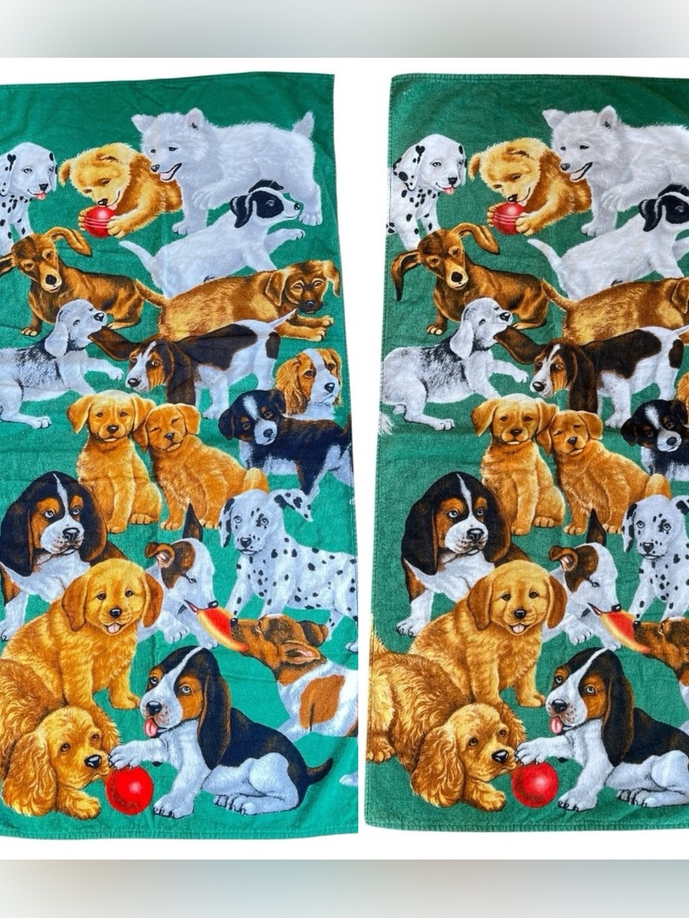 Set of 2 Vintage Hilasal Puppies Print Green Cotton Beach Towels 56”x28”